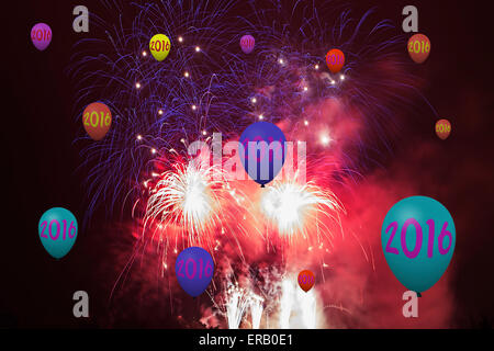 Neues Jahr 2016 Karte mit Feuerwerk und Party Luftballons Stockfoto