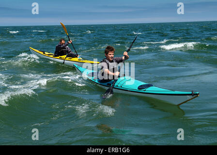 Kajakfahren auf dem Meer vor der Küste von Anglesey, Wales, Großbritannien Stockfoto