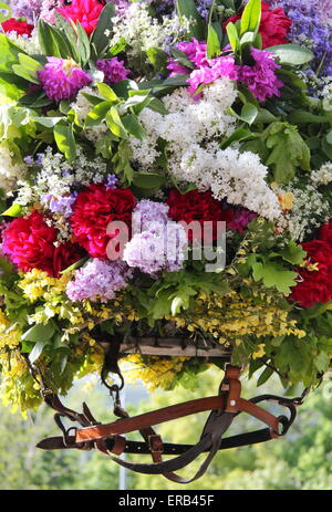 Letzten Schliff erfolgt an der Girlande floralen Kopfschmuck aus Eiche Apple Tag feiern Castleton Derbyshire, UK Stockfoto