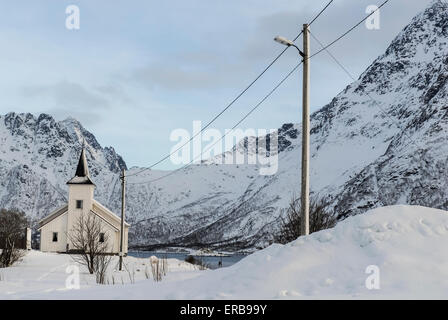 Vestpollen-Kapelle in Austnesfjord, Lofoten Inseln, Norwegen, Skandinavien, Europa Stockfoto