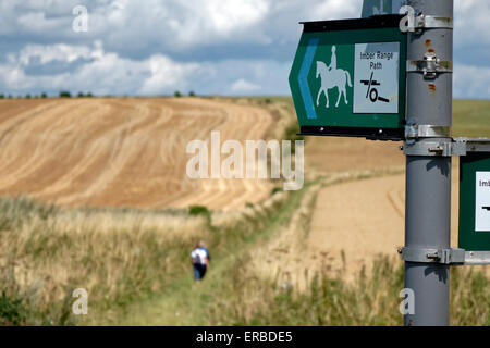 Imber Palette Weg Wegpunkt in Wiltshire, Vereinigtes Königreich, mit Wanderer auf der Wessex Ridgeway Path im Hintergrund. Stockfoto