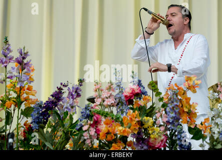 München, Deutschland. 31. Mai 2015. Sänger Mike Patton der US-Band Faith No More führt auf der Bühne beim Festival "Rockavaria" in München, 31. Mai 2015. Foto: Sven Hoppe/Dpa/Alamy Live News Stockfoto