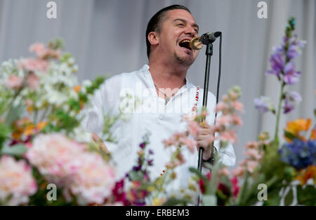 München, Deutschland. 31. Mai 2015. Sänger Mike Patton der US-Band Faith No More führt auf der Bühne beim Festival "Rockavaria" in München, 31. Mai 2015. Foto: Sven Hoppe/Dpa/Alamy Live News Stockfoto