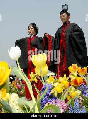 Peking, China. 31. Mai 2015. Chinesische Zauberer Fu Yandong (R) und seine Braut Chen Xun, die Han-Dynastie-Stil Kleidung tragen, erscheinen bei ihrer Trauung in Peking, Hauptstadt von China, 31. Mai 2015. Der Zauberer Hochzeitszeremonie war voller magischer Elemente. © Chen Jianli/Xinhua/Alamy Live-Nachrichten Stockfoto