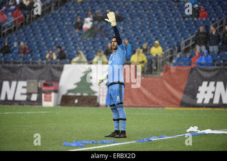 Foxborough, Massachusetts, USA. 31. Mai 2015. Los Angeles Galaxy Torhüter Jaime Penedo (18) im Spiel Action während der MLS-Spiel zwischen den Los Angeles Galaxy und die New England Revolution statt im Gillette Stadium in Foxborough, Massachusetts. Revolution gebunden Galaxy 2: 2. Eric Canha/CSM/Alamy Live-Nachrichten Stockfoto