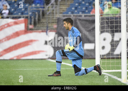 Foxborough, Massachusetts, USA. 31. Mai 2015. Los Angeles Galaxy Torhüter Jaime Penedo (18) wartet für den Beginn der MLS-Spiel zwischen den Los Angeles Galaxy und die New England Revolution im Gillette Stadium in Foxborough, Massachusetts statt. Revolution gebunden Galaxy 2: 2. Eric Canha/CSM/Alamy Live-Nachrichten Stockfoto