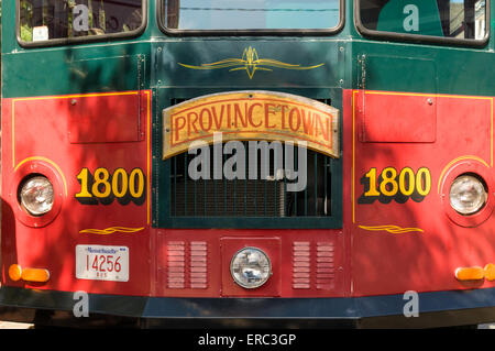 Nahaufnahme von der Vorderseite des Trolley Touristenbus in Provincetown, Cape Cod. Stockfoto