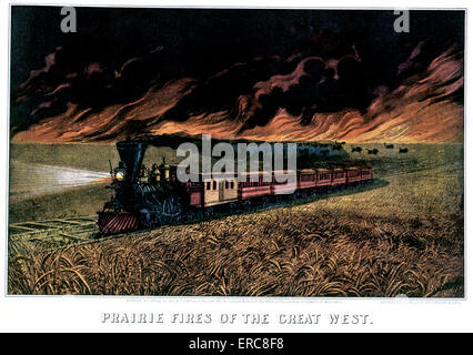 1870ER JAHREN PRAIRIE BRÄNDE VON GREAT WEST - CURRIER & IVES LITHOGRAPHIE - 1871 Stockfoto