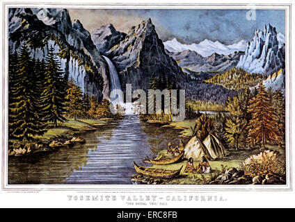 1860ER JAHREN YOSEMITE VALLEY CALIFORNIA - BRAUTSCHLEIER-WASSERFALL - CURRIER & IVES LITHOGRAPHIE - 1866 Stockfoto