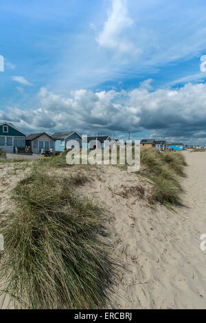 Blick auf den Strand von Sanddünen an Hengisbury Head Dorset an einem sonnigen Tag Stockfoto