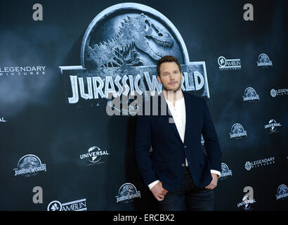 Berlin, Deutschland. 1. Juni 2015. US-Schauspieler Chris Pratt stellt bei einem Fototermin für den Film "Jurassic World" in Berlin, Deutschland, 1. Juni 2015. Der Film wird in den deutschen Kinos ab 11. Juni 2015 sein. Foto: Britta Pedersen/Dpa/Alamy Live News Stockfoto