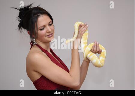 Frau und Albino burmesischen python Stockfoto