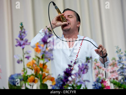 US-Sänger Mike Patton der US-Band Faith No More führt auf der Bühne beim Festival "Rockavaria" in München, 31. Mai 2015. Foto: Sven Hoppe/dpa Stockfoto