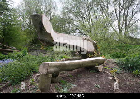 Rustikale Sitzbank an Stelle der mittelalterlichen Wasserburg Harpswell Herrenhaus Stockfoto