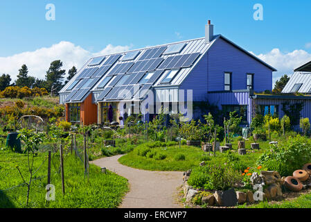 Häuser in Öko-Dorf, Findhorn Foundation, Moray, Schottland, Großbritannien Stockfoto