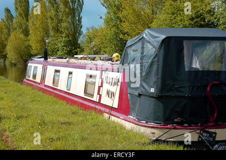 Eine rote und cremefarbene Narrowboat namens "Maggie May" festgemacht oben auf der Seite The Shropshire Union Canal. Stockfoto