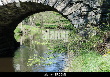 alten Stonebridge über das kalte Wasser eines sonnigen Tages im zeitigen Frühjahr Stockfoto