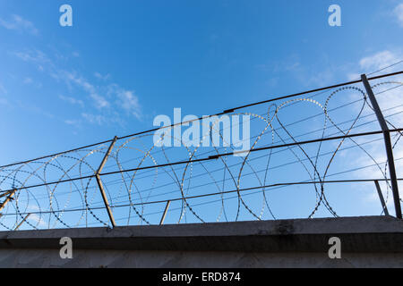 Stacheldraht entlang Oberseite der Sicherheitszaun im Gefängnis oder andere Hochsicherheits-Einrichtung mit sonnigen blauen Himmel im Hintergrund Stockfoto