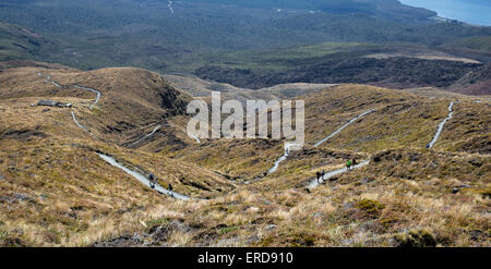 Serpentinen hinunter den unteren Hängen des Mount Tongariro auf der Tongariro Alpine Crossing in Neuseeland Nordinsel Stockfoto