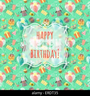 Modernen flachen Vektor Birthday Party Hintergrund mit bunten Icons von Geschenk-Boxen, Luftballons, Geburtstags-Kuchen etc.. Stock Vektor