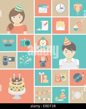 Satz von modernen flachen bunten Stilikonen des Kinder-Geburtstags-Party. Junge, Mädchen, Geschenke, Luftballons, Zaubertricks, Kuchen, Getränke, Clown Stock Vektor