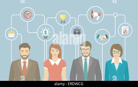 Moderne flach Vektor Banner Büro Menschen in Business-Anzügen, Männer und Frauen mit konzeptionellen Business icons Stock Vektor