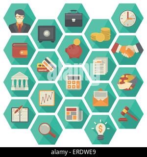 Set von modernen flachen stilisierte sechseckigen Icons geeignet für finanziellen und geschäftlichen Themen in drei Farbvarianten. Stock Vektor