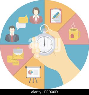 Moderne Wohnung konzeptionelle Darstellung der Zeit-Management mit der Stoppuhr in der Hand und Business icons Stock Vektor