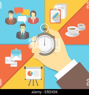 Flache Vektor Geschäftskonzept, das Zeitmanagement mit einer Stoppuhr ein Geschäftsmann Hand und geschäftliche Aktivität Symbole Stock Vektor