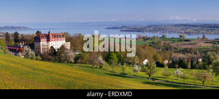 Blick auf Spetzgart Schloss über dem Bodensee, die Alpen, Überlingen, Baden-Württemberg, Deutschland Stockfoto