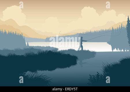 EPS8 bearbeitbares Vektor-Illustration ein Angler in eine wilde Landschaft mit dem Mann als separates Objekt Stock Vektor