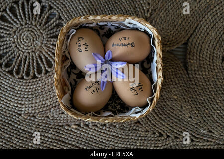 Frisch Eiern mit Huhn Namen darauf geschrieben, in kleinen Wickerwirk Korb auf Korbwaren Matte gelegt. Stockfoto