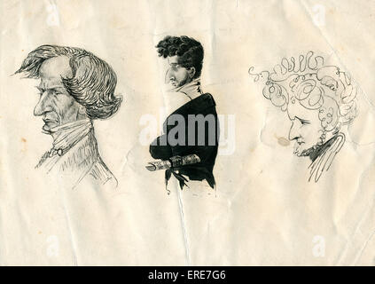 Porträt von Hector Berlioz - drei Karikaturen.  Lithographie. HB: Französischer Komponist der Romantik, 11. Dezember 1803 - 8. März 1869 Stockfoto