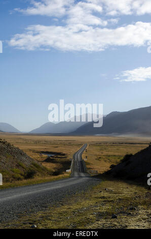 Kies Straße über flachen Tal, Berge, Mount Nicholas Road, Central Otago, Südinsel, Neuseeland Stockfoto