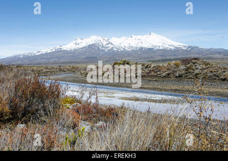 Stream in Wüste und Schnee bedeckt Vulkan Mount Ruapehu, Rangipo Wüste, Tongariro Nationalpark, Nordinsel, Neuseeland Stockfoto