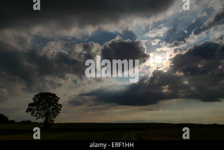 Lengenfeld, Deutschland. 1. Juni 2015. Strahlen des Sonnenlichts brechen durch eine dicke Schicht von dunklen Regenwolken in Lengenfeld, Deutschland, 1. Juni 2015. Foto: Nicolas Armer/Dpa/Alamy Live News Stockfoto