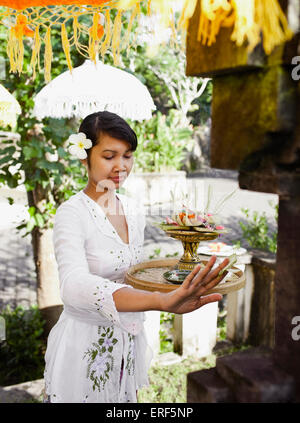 Balinesische Frau Morgen Opfergaben in Ubud Hanging Gardens, Bali, Indonesien. Stockfoto