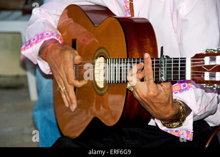 Detail des Gypsy-Gitarristen Hände Flamencogitarre spielen. Der Schwerpunkt liegt mehr auf der linken Hand einen Akkord auf dem Hals Fingersatz ist. Ein Kapodaster ist am Hals ausgestattet. Stockfoto