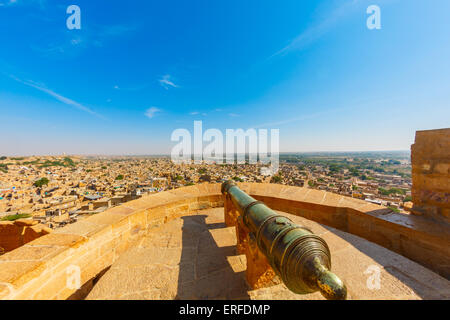 Alte Kanone in Jaisalmer Fort, Rajasthan, Indien Stockfoto