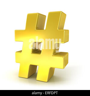 Hashtag, Mark 3d golden Nummernzeichen isoliert auf weißem Hintergrund Stockfoto