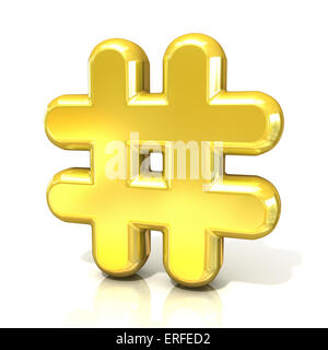 Hashtag, Mark 3d golden Nummernzeichen isoliert auf weißem Hintergrund. Seitenansicht Stockfoto