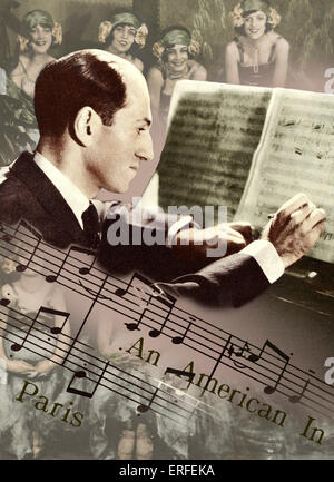 George Gershwin am Klavier. US-amerikanischer Komponist und Pianist; 1898-1937 mit der Scorecover von Porgy and Bess, geschrieben von Gershwin, Stockfoto