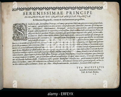 William Byrd und Thomas Tallis gravierte musikalische Titlesheet für "Cantiones Sacraes". Tallis: Englischer Komponist, 1505-1685; Byrd: Englischer Komponist (1543-1623). Partitur-Abdeckung. Manuskript. Stockfoto