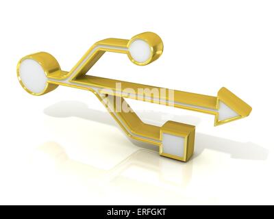 USB 3d goldenen Zeichen isoliert auf weißem Hintergrund. Seitenansicht Stockfoto