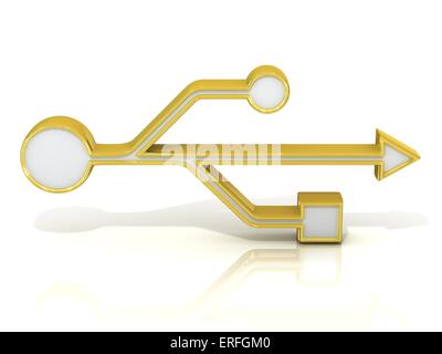 USB 3d goldenen Zeichen isoliert auf weißem Hintergrund. Vorderansicht Stockfoto