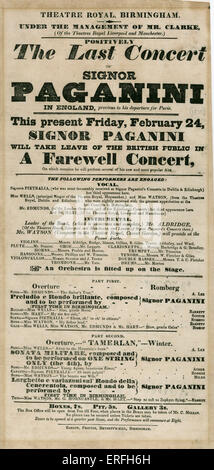 Niccolo Paganini - Programmheft / Plakat für "positiv das letzte Konzert, Signor Paganini in England vor seiner Abfahrt für Stockfoto