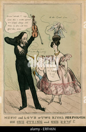 Niccolo Paganini - Portrait-Karikatur des italienischen Violinisten und Komponisten und Charlotte Watson, mit dem Titel "Musik und Liebe, oder Stockfoto