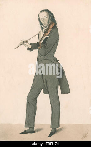 Niccolo Paganini - Karikatur Porträt des italienischen Violinisten und Komponisten nach Daniel Maclise, 1830er Jahre. 18. Februar 1784 - Mai 27. 1840. Stockfoto