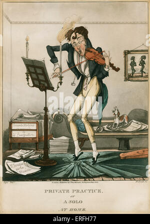 Niccolo Paganini - Karikatur des italienischen Violinisten und Komponisten spielt sein Instrument mit einen Hund Heulen im Hintergrund. Mit dem Titel "Private Practice oder ein Solo zu Hause." Von Ego Del, London, 1827. 18. Februar 1784 - Mai 27. 1840. Stockfoto