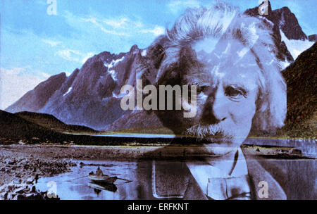 Edvard Grieg - Portrait des norwegischen Komponisten, Jubiläum Komposit norwegischen Bergkulisse. 1843-1907. Stockfoto